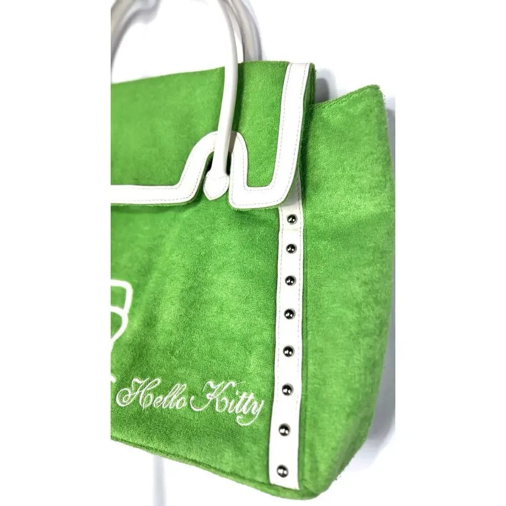 Sanrio Hello Kitty Green/White Tote Snap Closure Inner Pockets Studded Silver
